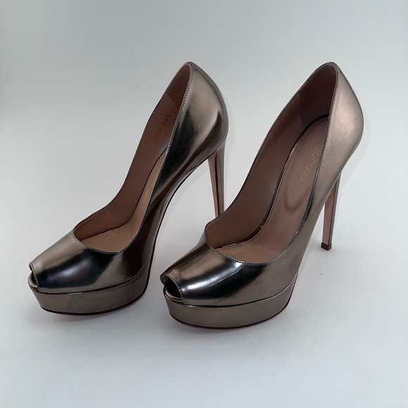 BNIB Sergio Rossi Mirror Platform Peep Toe Pumps Size 38.5 Metallic Silver Gold - Picture 3 of 8